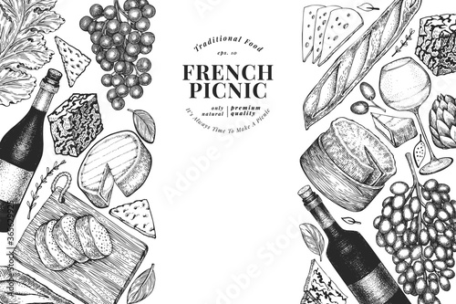 French food illustration design template. Hand drawn vector picnic meal illustrations. Engraved style different snack and wine banner. Vintage food background.