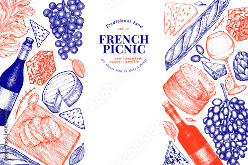 French food illustration design template. Hand drawn vector picnic meal illustrations. Engraved style different snack and wine banner. Vintage food background.