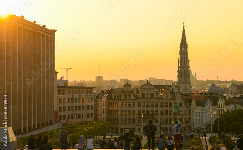 Brussels   Belgium - 2020  Amazing summer sunset at Garden of the Mont des Arts square with view over the city centre and Grand Place