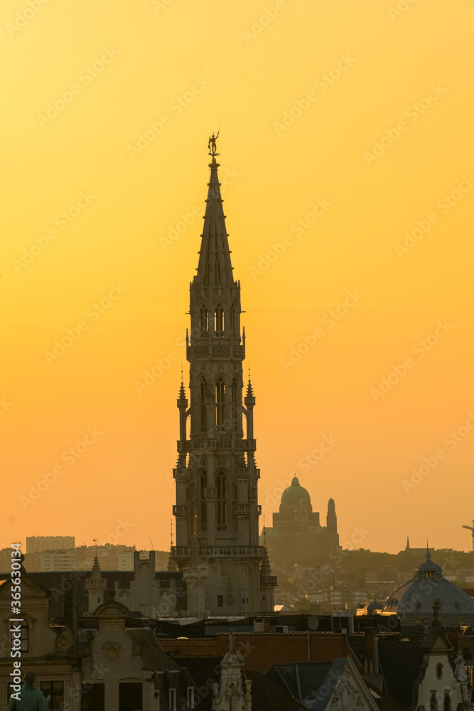 Amazing summer sunset at Garden of the Mont des Arts square with view over the city centre and Grand Place - Brussels, Belgium Amazing summer sunset at Garden of the Mont des Arts square with view over the city centre and Grand Place - Brussels, Belgium