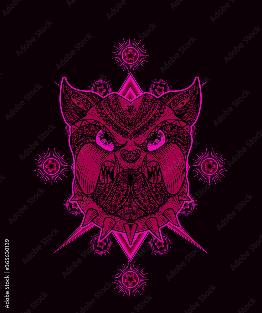 Illustration vector Dog head mandala tribal style with sacred geometry on black background. Illustration vector Dog head mandala tribal style with sacred geometry on black background.