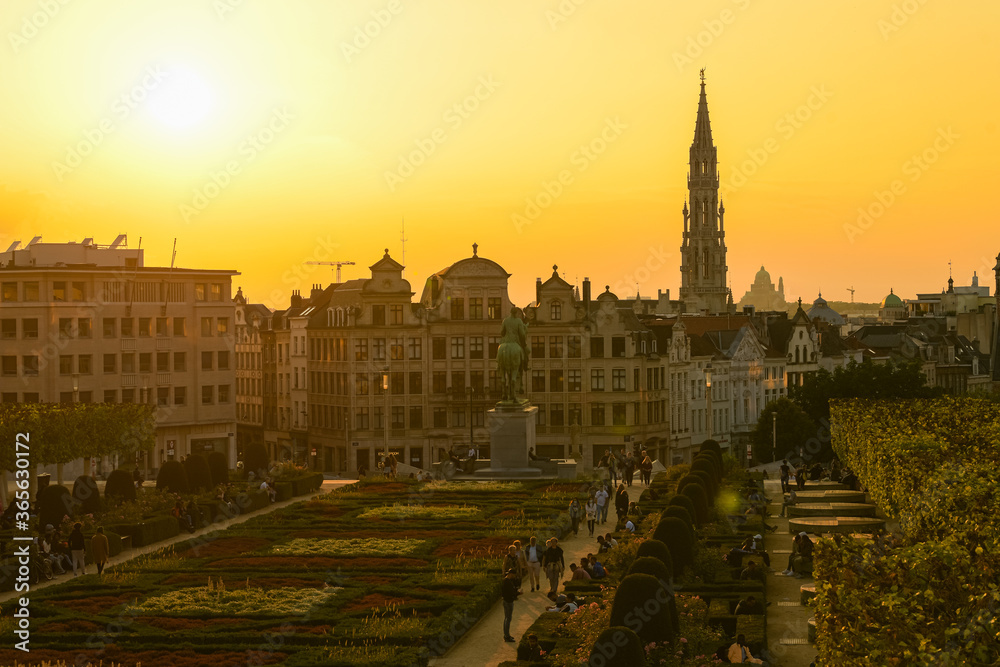 Amazing summer sunset at Garden of the Mont des Arts square with view over the city centre and Grand Place - Brussels, Belgium