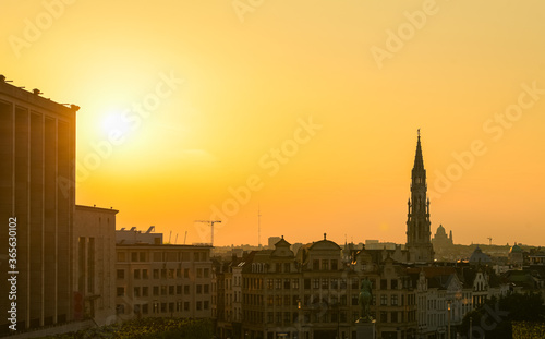 Brussels   Belgium - 2020  Amazing summer sunset at Garden of the Mont des Arts square with view over the city centre and Grand Place