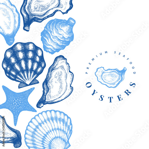 Oysters and wine design template. Hand drawn vector illustration. Seafood banner. Can be used for design menu, packaging, recipes, label, fish market, seafood products.