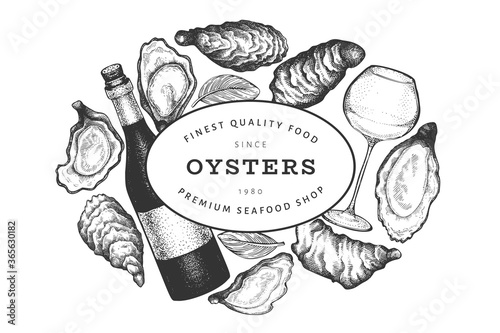 Oysters and wine design template. Hand drawn vector illustration. Seafood banner. Can be used for design menu, packaging, recipes, label, fish market, seafood products.