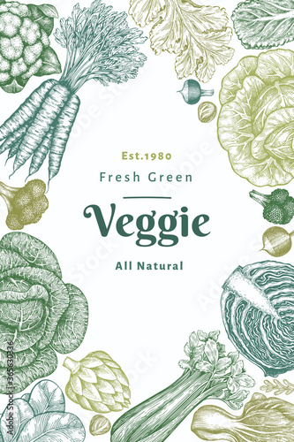 Hand drawn sketch vegetables design. Organic fresh food vector banner template. Retro vegetable background. Engraved style botanical illustrations.