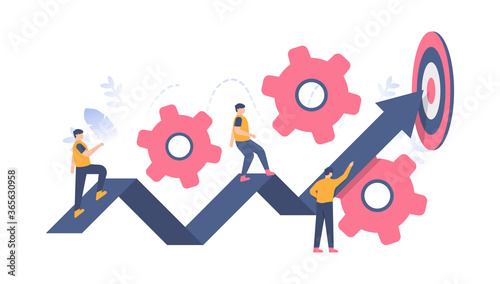 the concept of teamwork, team management, achieving targets. illustration of a group working together to reach the arrow board. flat design. can be used for elements, landing pages, UI, web sites.