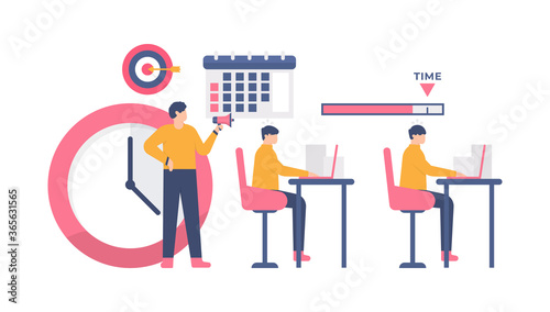the concept of chasing deadlines and targets, superiors and subordinates. illustration of a boss using megaphones to encourage his employees. flat design. can be used for elements, landing pages, UI