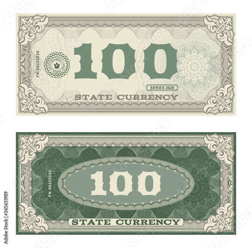 Vector money banknotes. Fake money illustration with floral border. Classical vintage style. Back sides of money bills