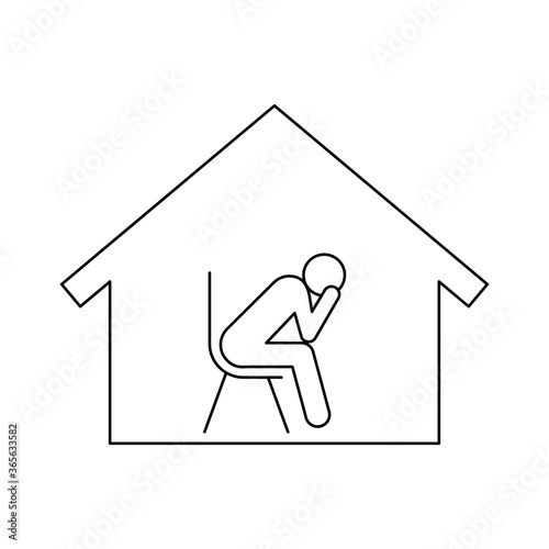 Sad man in house line icon. Self isolation during Covid-19 pandemic. Coronavirus quarantine anxiety and depression. Stickman figure sits with head in his hands. Vector illustration, flat, clip art. 