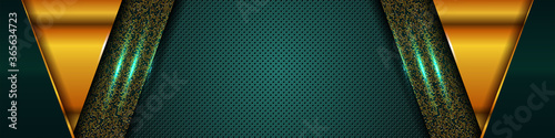Dark green abstract background with overlap layers. luxury design concept with golden glitters dots element decoration