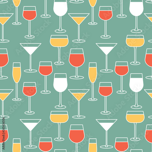 Seamless pattern with vector linear icon. Different types of glasses for alcoholic beverages - wine, champagne, martini.