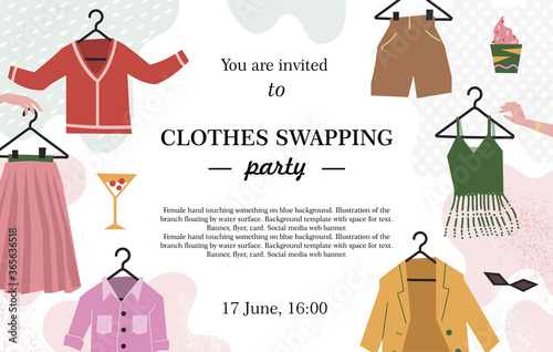 Beautiful cartoon invitation card or template for swap party, event of exchange old wardrobe for new, eco friendly party, exchange clothes, shoes and accessories. Trendy Casual clothes. 