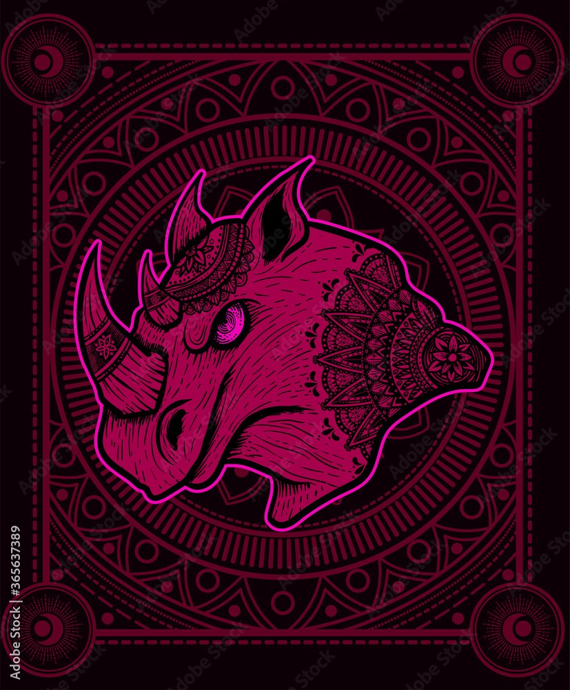 Fototapeta premium Illustration vector Rhino head mandala tribal style with sacred geometry on black background.