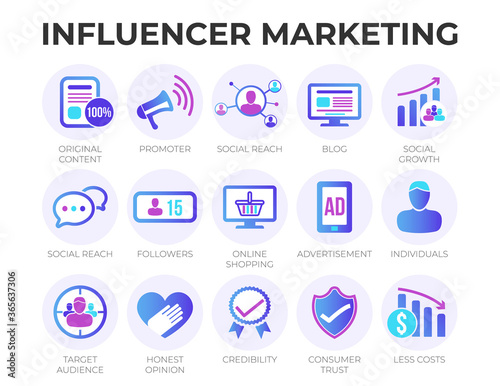 Modern Digital Influencer Marketing Icon Set with SEO, Email Marketing, Web Design, Analytics, Social Media and other Icons.