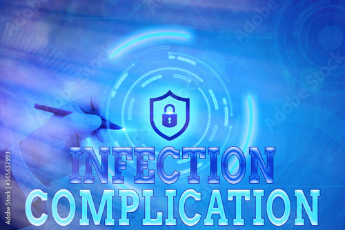 Conceptual hand writing showing Infection Complication. Concept meaning unwanted reaction resulted from an immunosuppression Graphics padlock for web data security application system photo