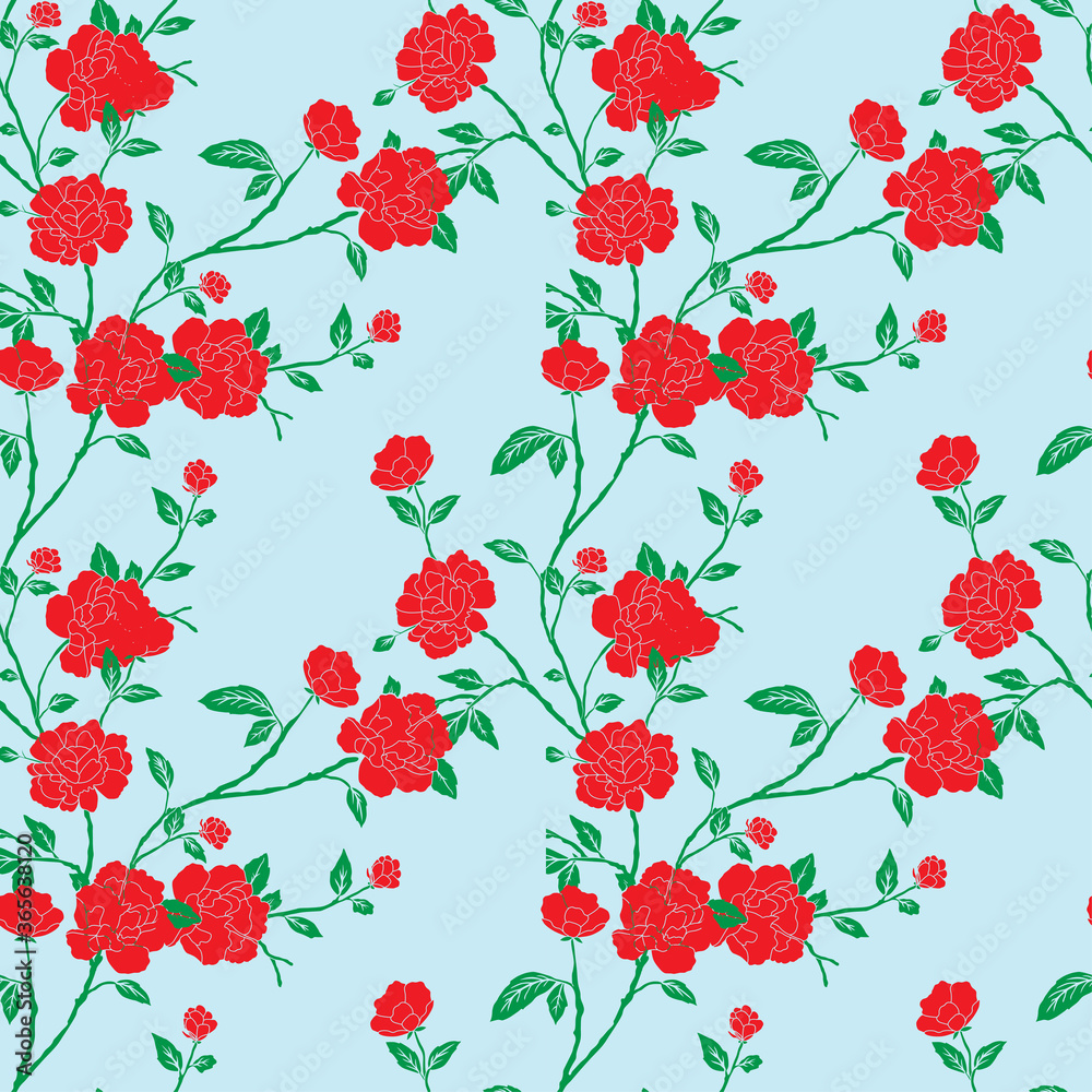 seamless red garden rose pattern design on turquoise background.