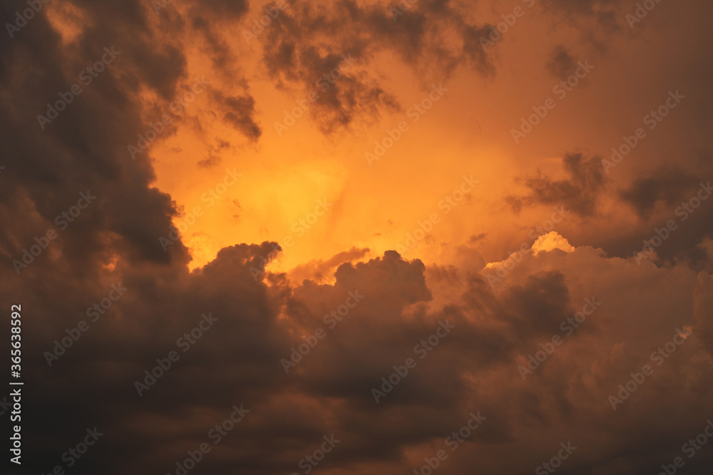 Beautiful red clouds in the sky. Beautiful summer sunset. High quality photo