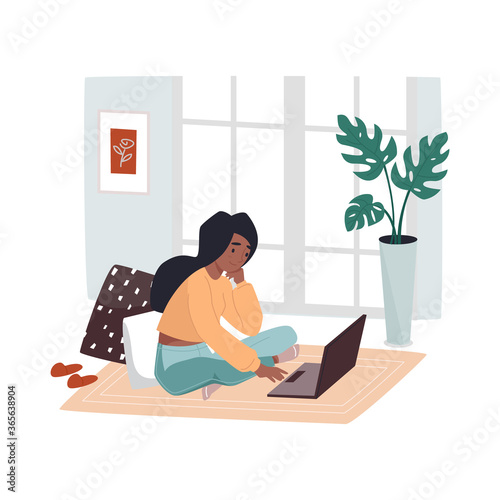 Home working woman sitting on floor near notebook. Girl at room work at her laptop. Remote job vector illustration. Living room workplace. Female designer sitting on rug. Freelance employee