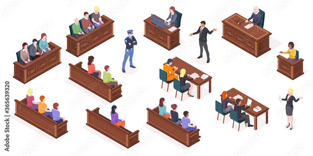 Court hearing and courtroom, vector isolated isometric icons of 
