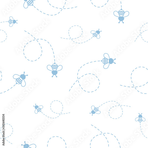 Seamless Pattern with flying bees. Vector Cartoon blue bees isolated on white background. Cartoon doodle cute bees seamless with dotted lines pattern