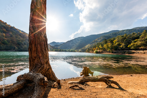 Landscape of the Borabay Lake or Kocabey Lake in Tasova, Amasya, Turkey. The lake is east and west oriented valley on the Black Sea Mountains. It was formed when the river was blocked by a landslide. photo