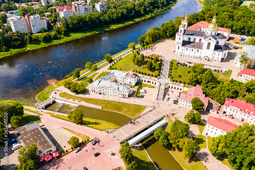 Vitebsk, Belarus - july 20, 2019 - Aerial photography of the city of Vitebsk. View of the river and the central part with pedestrians. photo