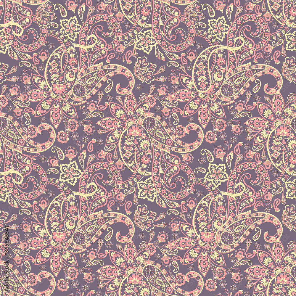 Paisley vector seamless pattern. Fantastic flower, leaves. Textile bohemian print. Batik painting. Vintage