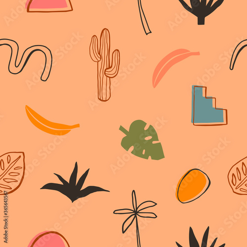 Aesthetic colorful seamless pattern with hand drawn abstract plants, fruits and shapes. Creative kids fabric, wrapping, textile, wallpaper, home apparel. Vector background