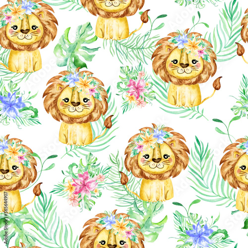 seamless tropical pattern with a lion. Watercolor cartoon lion savanna animal illustration. Jungle savannah tropical exotic summer print.