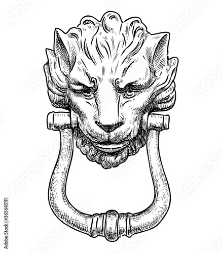 Freehand drawing of ancient door handle in shape of lion head