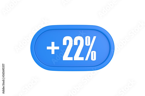 22 Percent increase 3d sign in light blue color isolated on white background, 3d illustration.