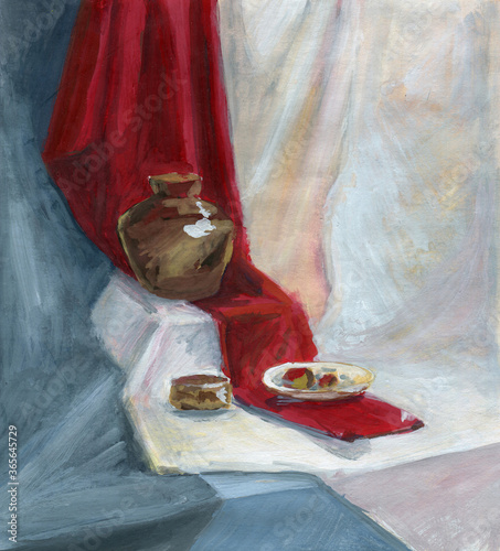 Canvastavla Abstract still life with red fabric