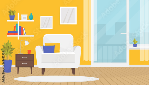 Stylish living room interior with furniture. Soft armchair, book shelf, wall pictures, house plants. Home design. Modern apartment with wood floor, balcony door and big window.