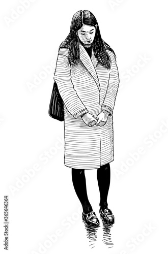 Sketch of tired sad girl standing on the street in thinking