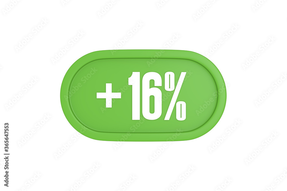 16 Percent increase 3d sign in light green color isolated on white background, 3d illustration. 16 Percent increase 3d sign in light green color isolated on white background, 3d illustration.