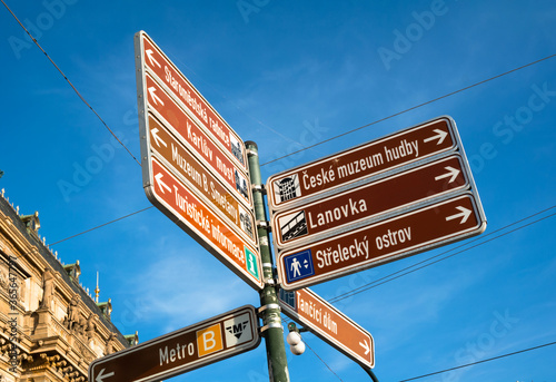 Photography Touristic signpost and direction sign in Prague, Czech Republic / Czechia - sightseeing navigation is navigating direction to landmarks and monuments