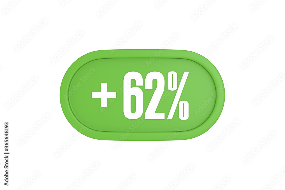62 Percent increase 3d sign in light green color isolated on white background, 3d illustration. 62 Percent increase 3d sign in light green color isolated on white background, 3d illustration.