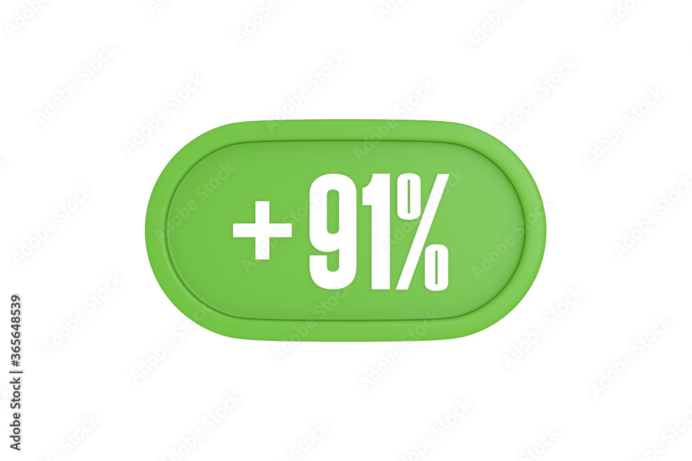 91 Percent increase 3d sign in light green color isolated on white background, 3d illustration. 91 Percent increase 3d sign in light green color isolated on white background, 3d illustration.