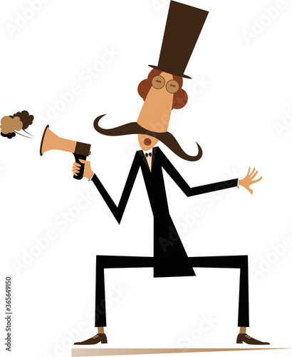Man, megaphone and news isolated illustration. Cartoon mustache in the top hat man with megaphone makes announcement isolated on white
