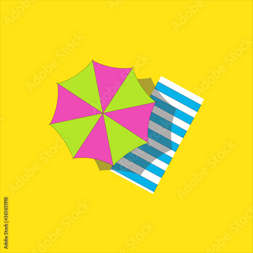 Top view vector illustration of beach mat, parasol and summer accessories lying on sand.