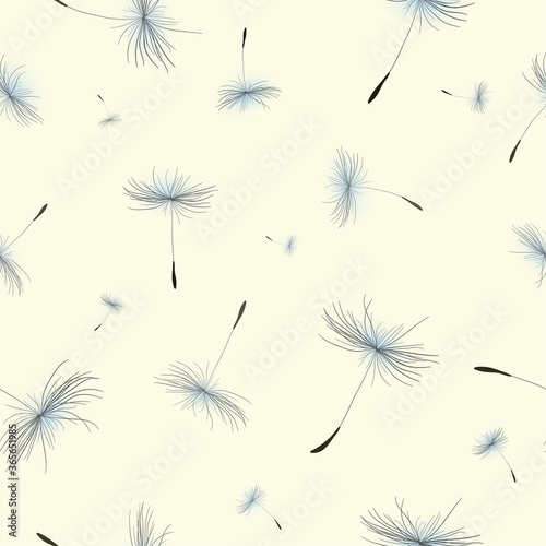 Dandelion flying seeds on a seamless pattern. Background for packaging  design and decoration.