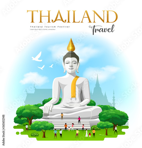 Big white buddha, Suphan Buri Province Thailand travel and people with tree and cloud and sky background design, vector illustration