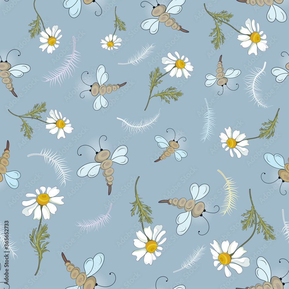 Seamless pattern with dragonflies, feathers and daisies on a blue background.