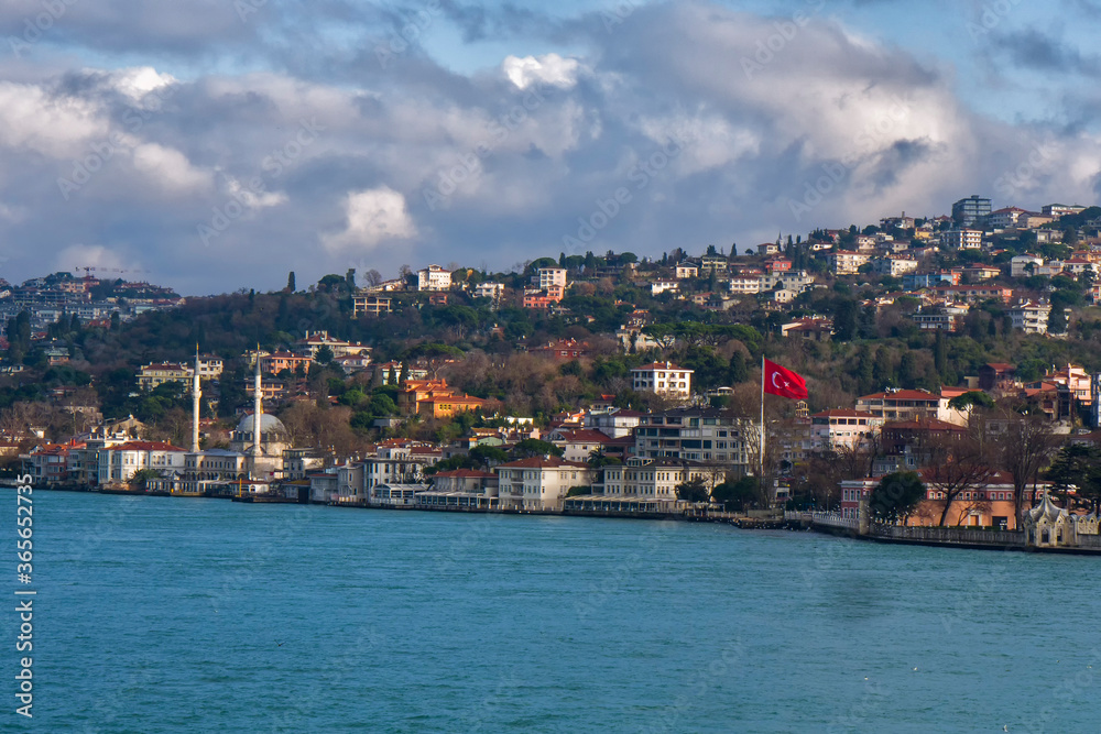 photo of the Bosphorus shore with a mosque and a Turkish flag