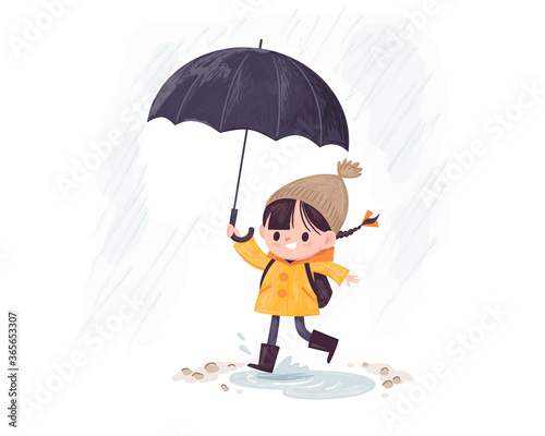Rainy day. Little girl with umbrella running in the rain wearing, dressed a jacket, stepped in puddle.