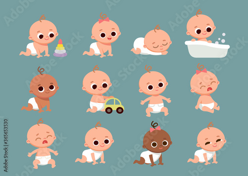 Big set of baby toddlers different nationalities cartoon characters in various poses. Baby girls and boys with different emotions.