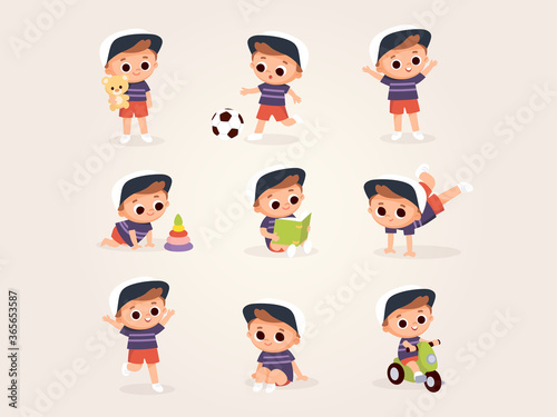 Big set of baby boy, child cartoon characters in various poses. Baby children with different emotions. Cute little kid in different poses.