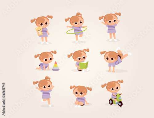 Big set of baby girl characters in different poses. Baby girl child plays with toy, rides bike, reads book, holds bear, crawling around, doing acrobatic. Spin the hula-hoop.