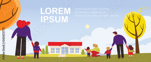 People with kids going to school. Autumn landscape. Back to school. Landscape with school yard and people.